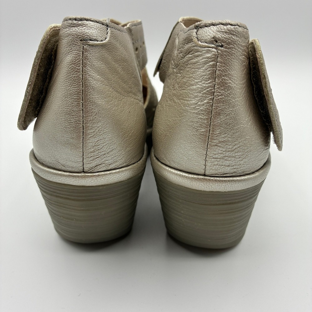 Fly London Yepe Wedge Sandals Womens 38 7.5-8 Gold Leather Perforated Mary Jane - Picture 5 of 15